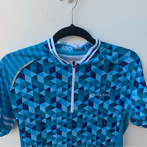 Polaris Ladies UK 16 Cycling Jersey Blue Triangle 1/4 Zip Geometric Short Sleeve - Picture 2 of 9